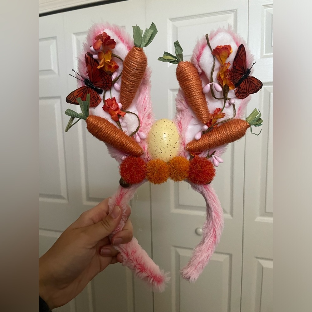 Pink Easter Ears / Bunny Ears Headband with Carrots and Butterflies